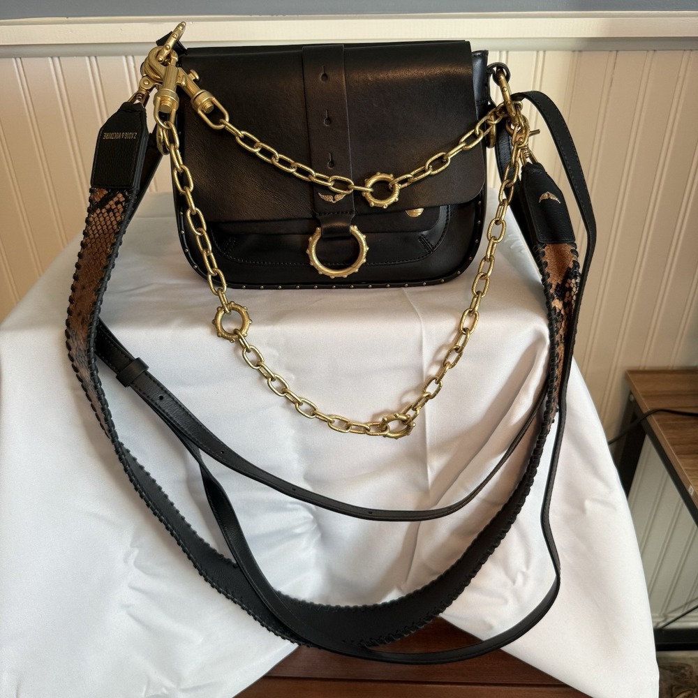 Zadig & Voltaire Kate Black Leather Crossbody Shoulder Bag Chain Brown Strap New
